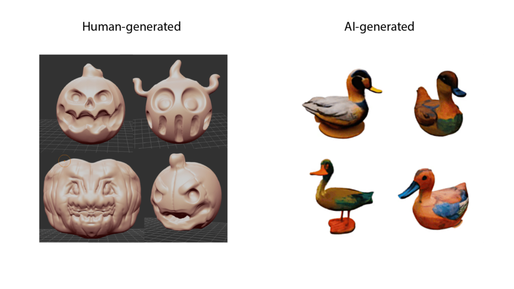 Left: student 3d models made with the non-AI SculptGL tool; right: student 3d models made with Luma's text-to-3d AI-based Genie tool. Jack-o-lanterns clockwise from upper left by Gavin Pierce, Josie Begley, Benjamin Whiting-Grant, and Sophie Fitz. Ducks by Jazzmyne Haines.