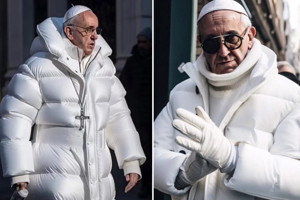 The Pope wearing a Balanciaga puffer coat generated in Midjourney by Reddit user u/trippy_art_special