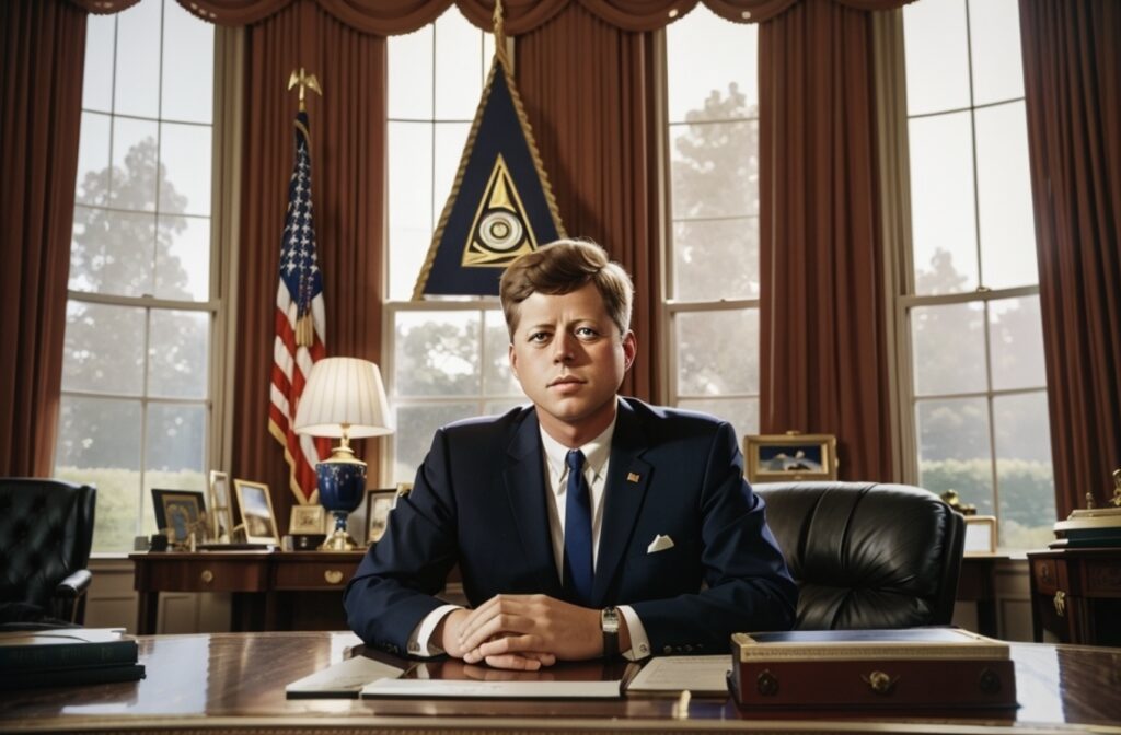 AI image of JFK in the Oval Office with an Illuminati symbol behind him, generated by Gavin Pierce with Stable Diffusion